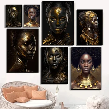 Aafrika Naiste Must Kuld Ehted Lõuend Maalid Pildid Seina Art Põhjamaade Kaasaegse Arvandmed Plakatid Elutuba Home Decor Pildid