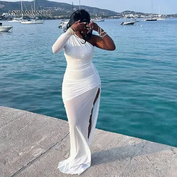 ANJAMANOR Silmadega Valge Kleit Elegantne Seksikas Beach Party Puhkus Rõivad Naistele Üks Õlg Ruched Pilu, Pikad Kleidid D85-CZ20