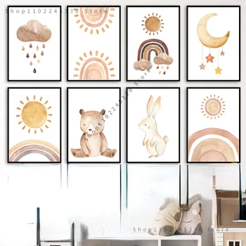 Cartoon Bear Jänku Kuu Vikerkaar Päike Pilve Lasteaed Seina Art Print Lõuend Maali Nordic Plakati Pilt Baby Kids Room Decor