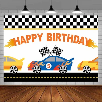 Fotograafia Taustaks Võidusõiduauto Sünnipäevaks Banner Background Trofee Vaadata Lipu Chequered Lipu Teema Decor Hot Wheels