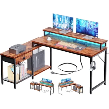 L Kujuline Arvuti-Kirjutuslaud sahtliga, LED Tuled & pistikupesad, 2 Riiulit ja Monitor Stand