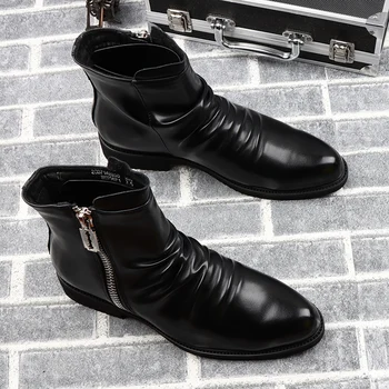 mens fashion pool ööklubi mootorratta saapad mustad naturaalsest nahast kingad trend ilus kauboi boot noor härrasmees lühike botas