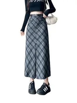 Naiste Hall Ruuduline Pikk Seelik Y2k Vintage Elegantne Harajuku 2000ndate Seelikud Streetwear 90s Mood Kõrge Vöökoht-Line Seelikud Riided