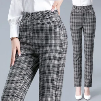 Office Lady Fashion Ruuduline Villane Pliiats Püksid Sügisel Kõrge Vöökoht Elastne Naiste Streetwear Vabaaja Korea Pikad Püksid K22