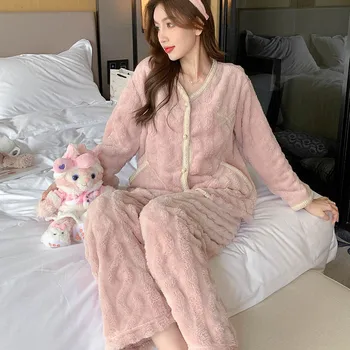 Paksenenud Lapp Naiste Pidžaama Sleepwear Set Magus Armas Roosa Coral Fliis Nightwear Pükste Ülikond, Elegantne Prantsuse Lahtised Homewear