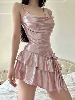 Seksikas Ruffle Mini Kleit Roosa Asümmeetriline Bodycon Suvine Kleit Elegantne Partei Kleit Naistele 2023 Mood Lips Sõlm Vestidos