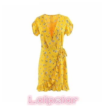 Suve riideid naistele elegantne wrap kollane lilleline ruffle kleit vintage mini beach kleidid kawaii korea streetwear bohemian