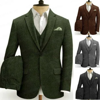 Uus Klassikaline Tviid Meeste Pulm Ülikond 3 Tükki Kohandatud Pluss Suurus Peigmehe Smoking Talvel Kõnniteed Äri Ülikonnad, Pintsak Vest Püksid Komplekt